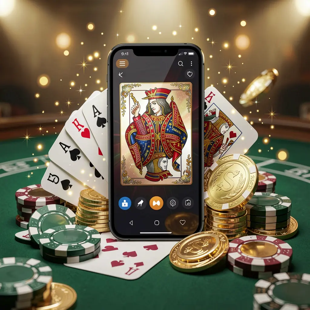 GAMEMY mobile gaming application concept showing a smartphone surrounded by playing cards, roulette chips, gold coins, and sparkling lights in a premium casino style