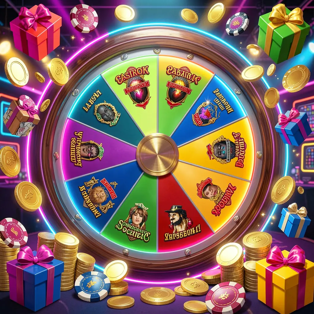 GAMEMY casino bonus wheel with colorful prize sections surrounded by golden coins, chips, and gift boxes under bright neon casino lights in a dynamic composition
