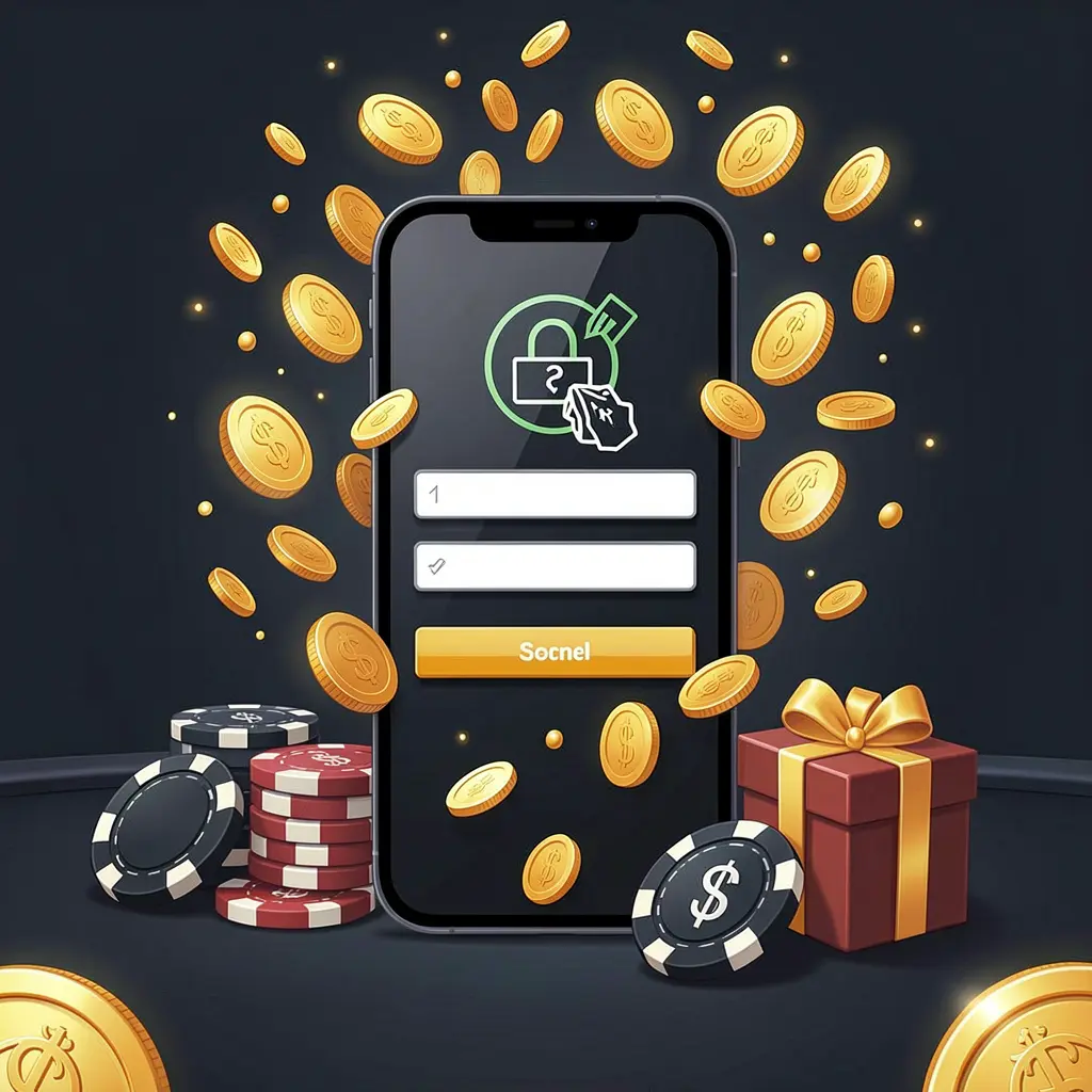 GAMEMY casino user login illustration showing a phone with a secure access icon, golden coins bursting from the screen, poker chips and a gift box nearby on a dark premium background