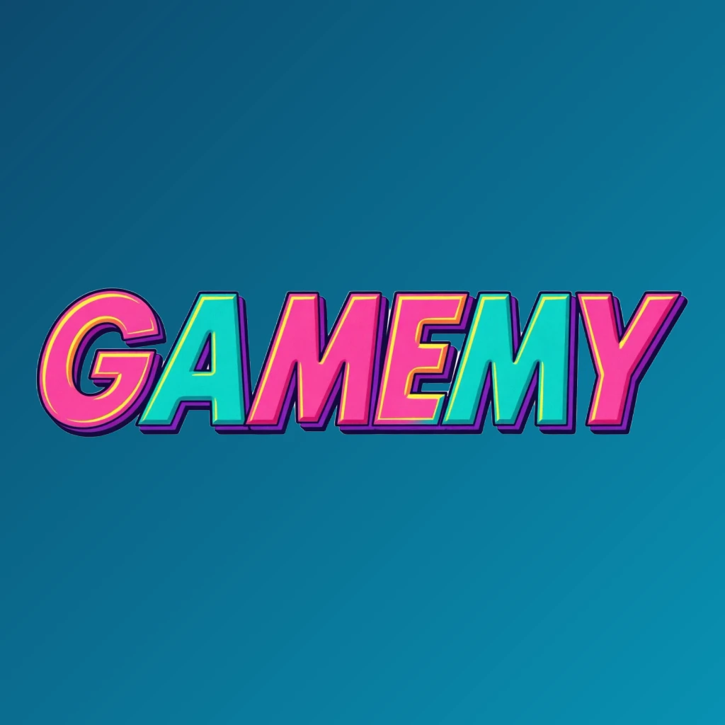 Bold arcade-style GAMEMY logo with chunky retro typography in bright pink, turquoise, yellow, and purple colors, creating a vibrant gaming atmosphere on a transparent background, designed as a wide horizontal rectangular wordmark for website header