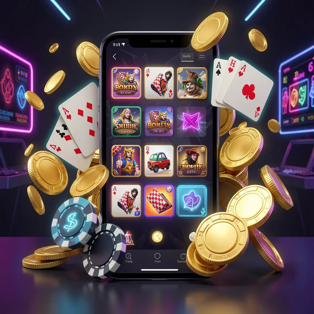 GAMEMY mobile casino homepage concept showing a smartphone surrounded by golden coins, chips, cards, and glowing icons on a modern dark background with neon accents